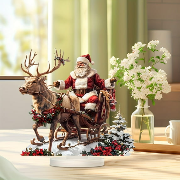 Zawou Santa Riding Reindeer Sleigh Figurine, 2D Acrylic Christmas Statue, Christmas Collectible Miniature, Resin Desktop Ornament, Flat Printing Festive Holiday Indoor Outdoor Decoration