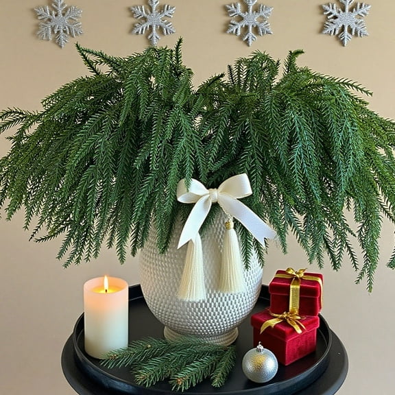 Zawou Simulation of Norfolk Pine Needles, Single Decorative Plastic Pine Branch for Christmas and Holiday Seasonal Display, Green Faux Pine Accent