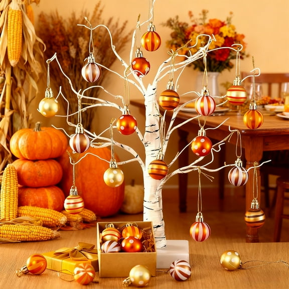 Zawou Thanksgiving and Christmas Hanging Ball Ornaments, 24pcs 3cm White and Gold Round Decorative Pillows for Tree, Table, or Chair
