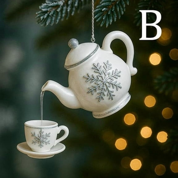 Zawou Vintage Christmas Teapot Ornament – Festive Tea Cups and Pot Hanging Decoration with Holly Red Berries and Pouring Tea Effect for Tree or Holiday Party Gift