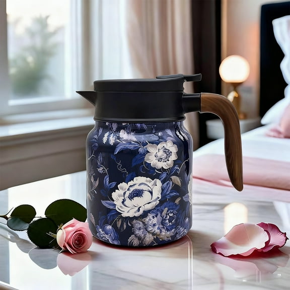 Zawou Vintage Floral Pattern Tea Pot, Stainless Steel Loose Leaf Teapot with Built-in Infuser, Kettle Teapot Vacuum Insulated for Hot Drink Travel 800ml