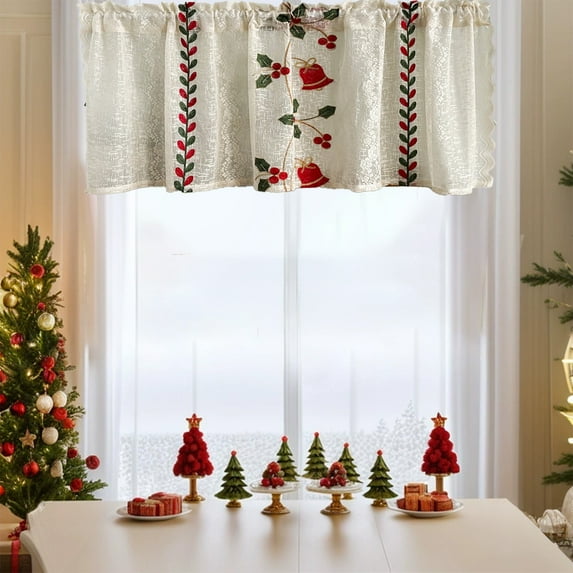 Zawou White Embroidered Short Christmas Curtains, Holiday Window Decorations for Cafes, Kitchens, and Home Décor