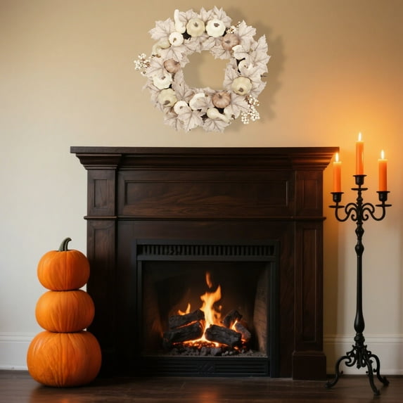 Zawou White Pumpkin Maple Leaf Wreath – Fall Harvest Door Hanging Decoration for Thanksgiving, Farmhouse, and Holiday Home Decor