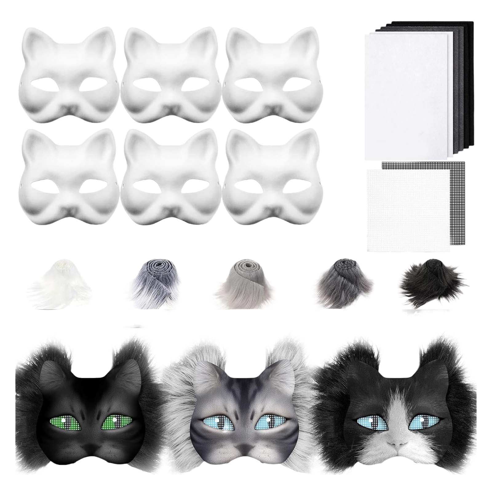 Zawus 6Pcs DIY Therian Mask Kit,Cat Masque DIY Set Paper Cat Masque with Eye Mesh Fur Unfinished Cat Masque for Kids Adults DIY Painting