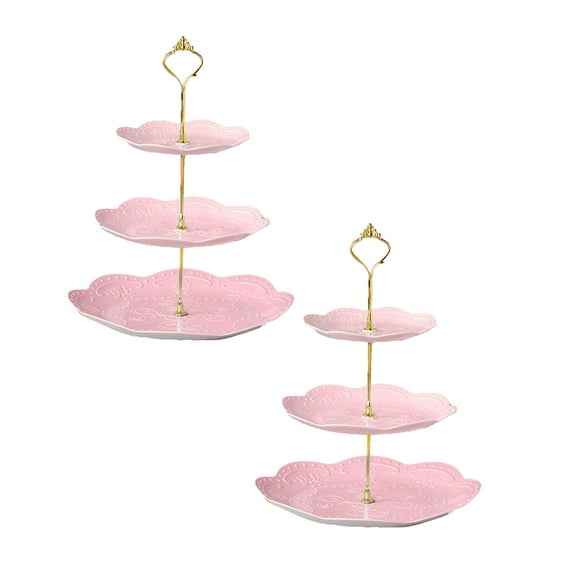 Zaxius 2 Pack 3 Tier Cupcake Stand Plastic Dessert Stand Display Tower Tiered Cake Stands Serving Trays with Gold Rod Pastry Rack Holder Platter for Buffet, Party, Wedding, Home Decor Pink