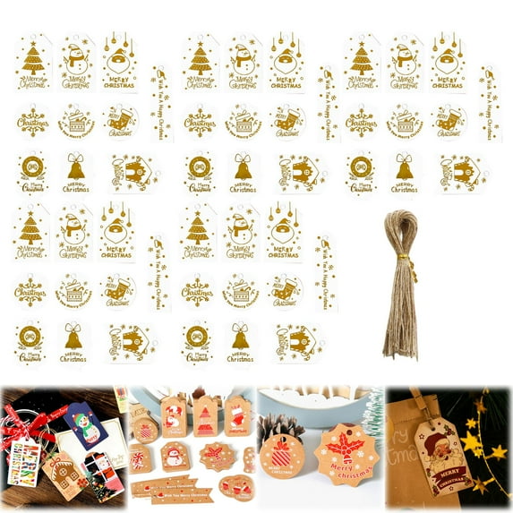 Zaxius 50PCS Paper Christmas Tags Christmas Tags Christmas Gift LabelsPaper Tags Christmas Cardstock Paper Labels With Natural String Brown Wrapping Paper
