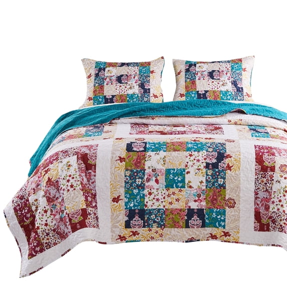 Zay 2 Piece Microfiber Twin Quilt Set, Vintage Patchwork, Multicolor - Saltoro Sherpi