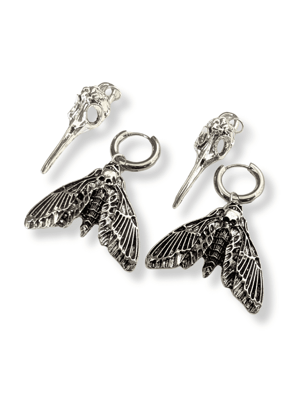 Hoop Death Moth Raven Skull Goth Alt Halloween Spooky Vibe Earrings, Steel, 1 Count