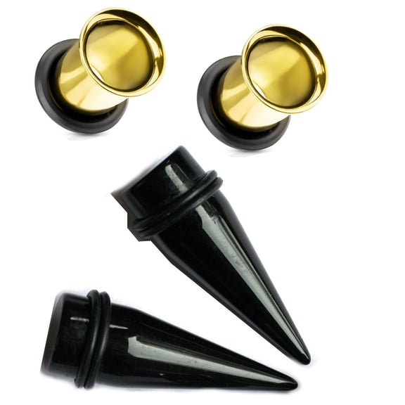 Zaya Body Jewelry 2 Pairs Gold Steel Tunnels Black Tapers Ear Stretching Kit gauges plugs - [RT]Gauge size=1 inch 25mm