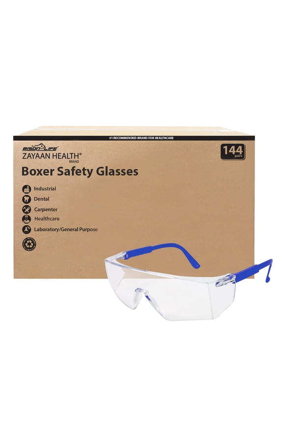 Zayaan Health Boxer Clear Lens Blue Temple Safety Glasses For Men/Women, Anti-Scratch & Fog (Pack of 144)