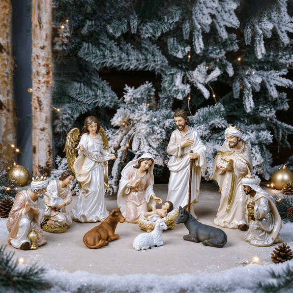 Zayton 11‑Piece Nativity Set 5.5" White Gold Resin Holy Family Figurines for Tabletop Mantel Shelf Decor