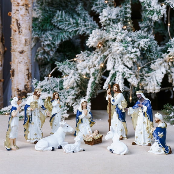 Zayton 11-Piece Nativity Set,6" White Gold Resin Figurines Nativity Scene for Mantel Tabletop Display