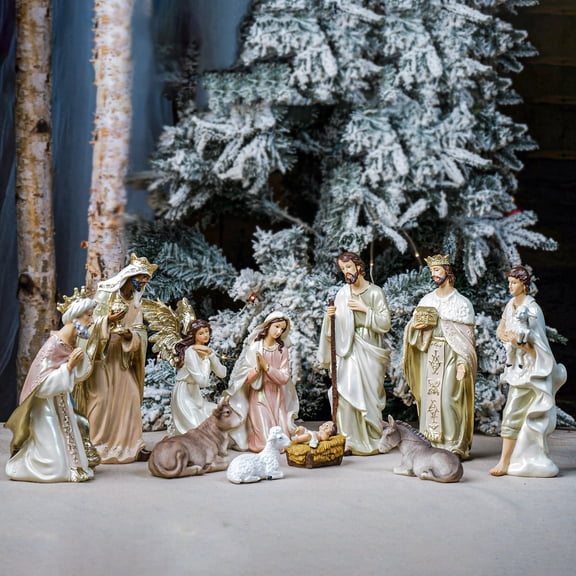Zayton 12 in Nativity Set 11 Piece Light Gold Resin Holy Family Mantel Christmas Decor