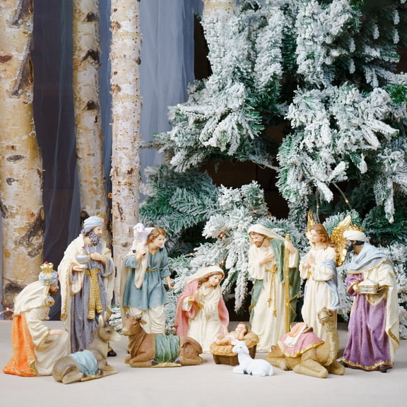 Zayton 12-Inch 12-Piece Indoor Nativity Scene Figurines Fabric Textured Resin for Mantel Dining Table Console