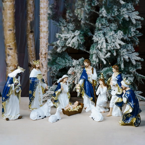Zayton 11-Piece Nativity Set,15-Inch Blue White Gold Tone Resin Figurines Nativity Scene for Mantel Tabletop Decor