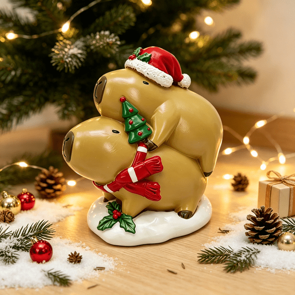Zayton 4.7 in Christmas Stacked Capybara Figurine Resin Santa Hat Scarf Mini Tree Tabletop Decor