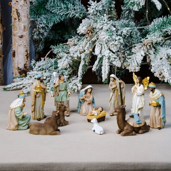 Zayton 12-Piece Nativity Set,5.75" Beige Resin Holy Family Figurines Nativity Scene for Tabletop Mantel Decor
