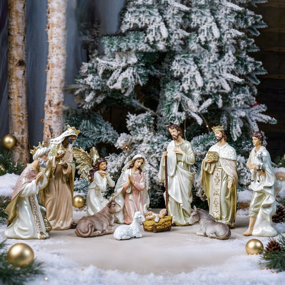 Zayton 11-Piece Nativity Set,5" Light Gold Resin Holy Family Figurines Nativity Scene Tabletop Christmas Decor
