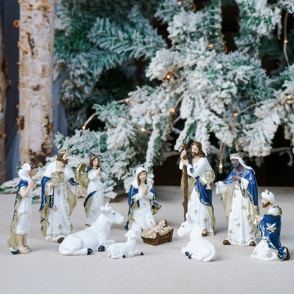 Zayton 11-Piece Nativity Set,6" White Gold Resin Figurines Nativity Scene for Mantel Tabletop Display