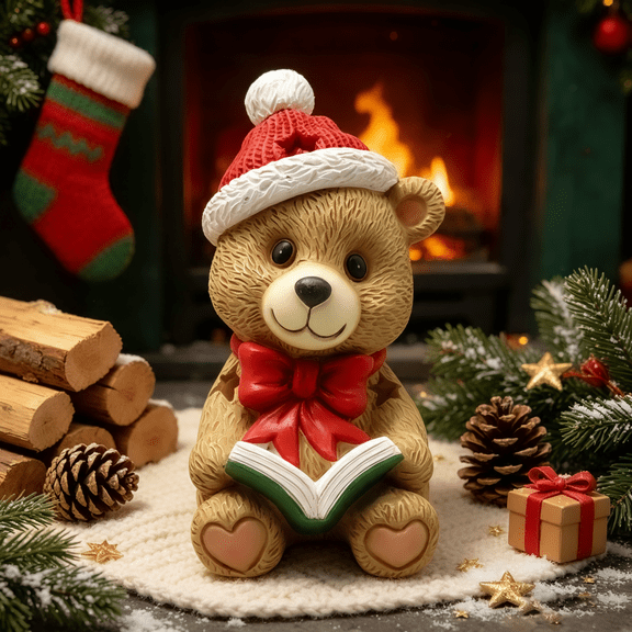 Zayton Lighted Christmas Bear Figurine, Santa Hat Book Reading Resin Statue, 9.25 in Tabletop Holiday Decor