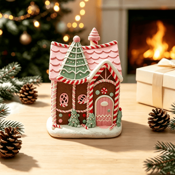 Zayton LED Glowing Gingerbread House Pastel Resin Christmas Tabletop Decor Gift
