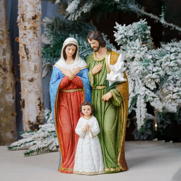 Zayton Holy Family Nativity Statue 8.25 in with Dove Lily Resin Religious Christmas Table Decor