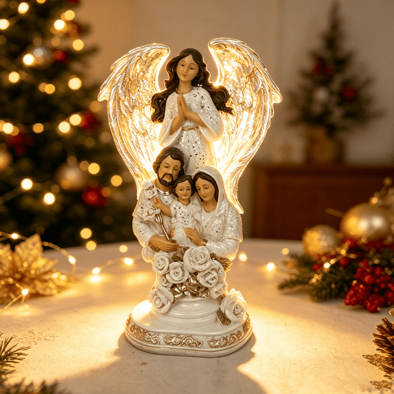 Zayton Holy Family Nativity Statue 8.5" White Gold Hand-Painted Resin Figurine Mantel Tabletop Shelf