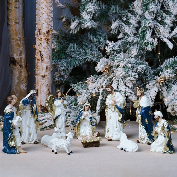 Zayton Nativity Set 8" 11-Piece White Gold Resin Figurines Mantel Shelf Cabinet
