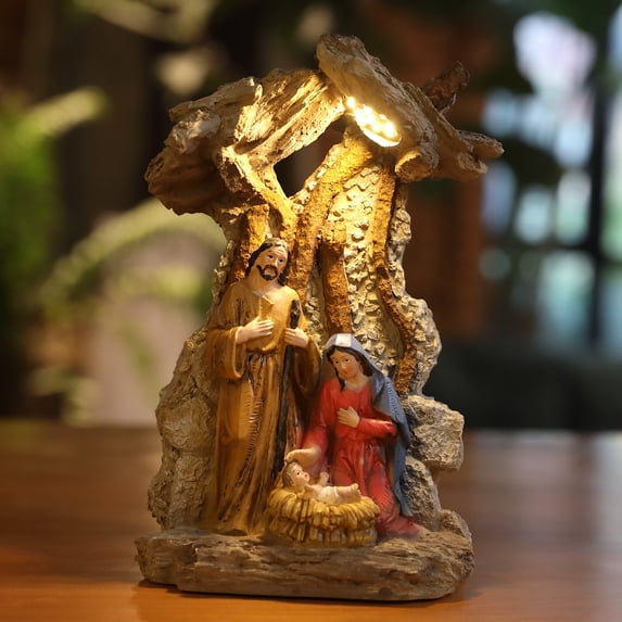 Zayton Nativity Set 9'' Holy Family Figurine Holiday Decoration Christmas Gift Multi-color Traditional with LED