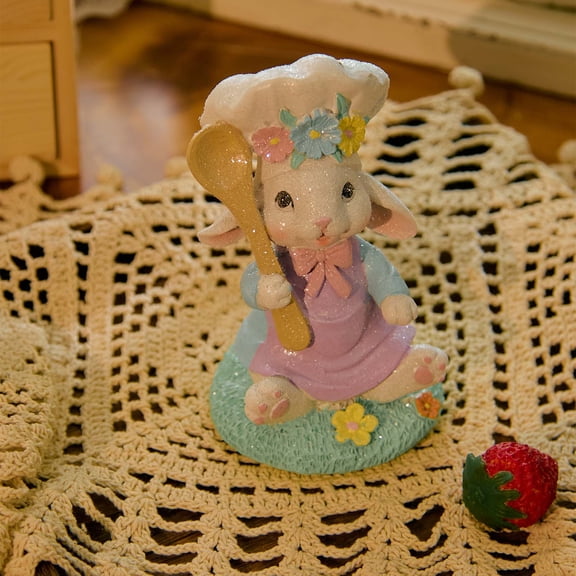 Zayton Resin Bunny Figurine, Chef Rabbit with Wooden Spoon Tabletop Spring Indoor Home Decor