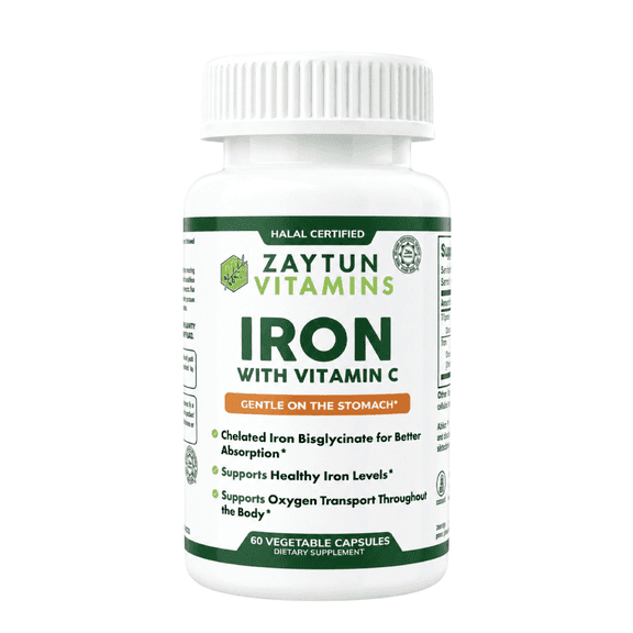Zaytun Halal Iron + Vitamin C for Women, Men, Gentle Iron with Albion Ferrous Bisglycinate, Vegetarian, Made in USA (60 Capsules)