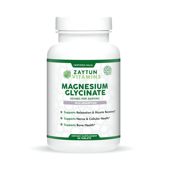 Zaytun Halal Magnesium Glycinate 300mg, High Absorption, Gluten and Gelatin Free, Non-GMO, Vegetarian, 60 Tablets, Made in USA