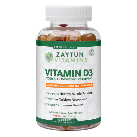 Zaytun Halal Vitamin D3 2000IU Gummies, Supports Health Bones, Teeth, Muscles, 90 Fruit Flavored Gummies, Made in USA