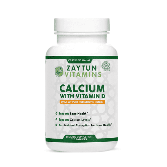 Zaytun Vitamins Halal Calcium + Vitamin D, Supports Bone Strength and Density, 120 Tablets