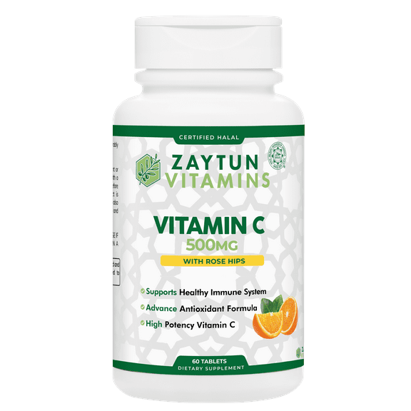 Zaytun Vitamins Halal Vitamin C 500mg Tablets with Rose Hips Extract for Immune Health Support, Natural Antioxidant, Non-GMO, Vegan, 60 Tablets - Halal Vitamins