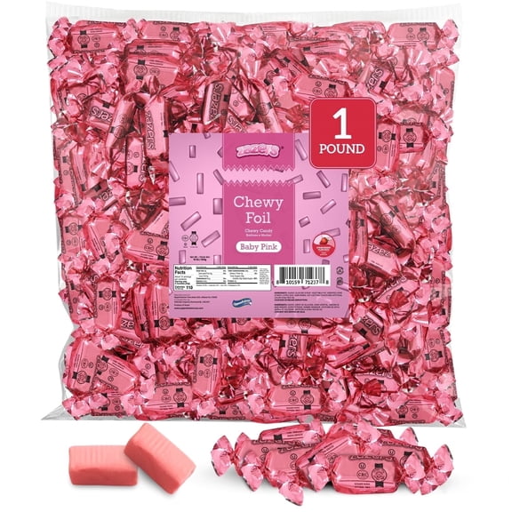 Zazers Baby Pink Foil Chewy Candy, Strawberry, Individually Wrapped, Kosher, 1 lb Bag