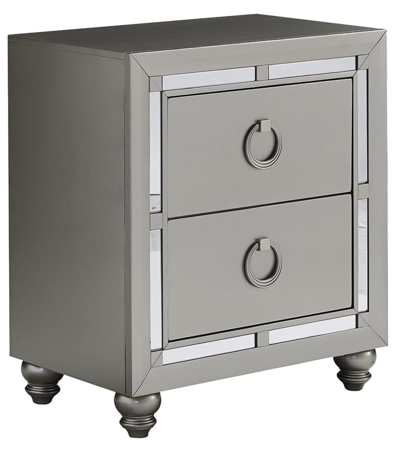 Silver Mirrored 2-Drawer Nightstand with Ring Pulls