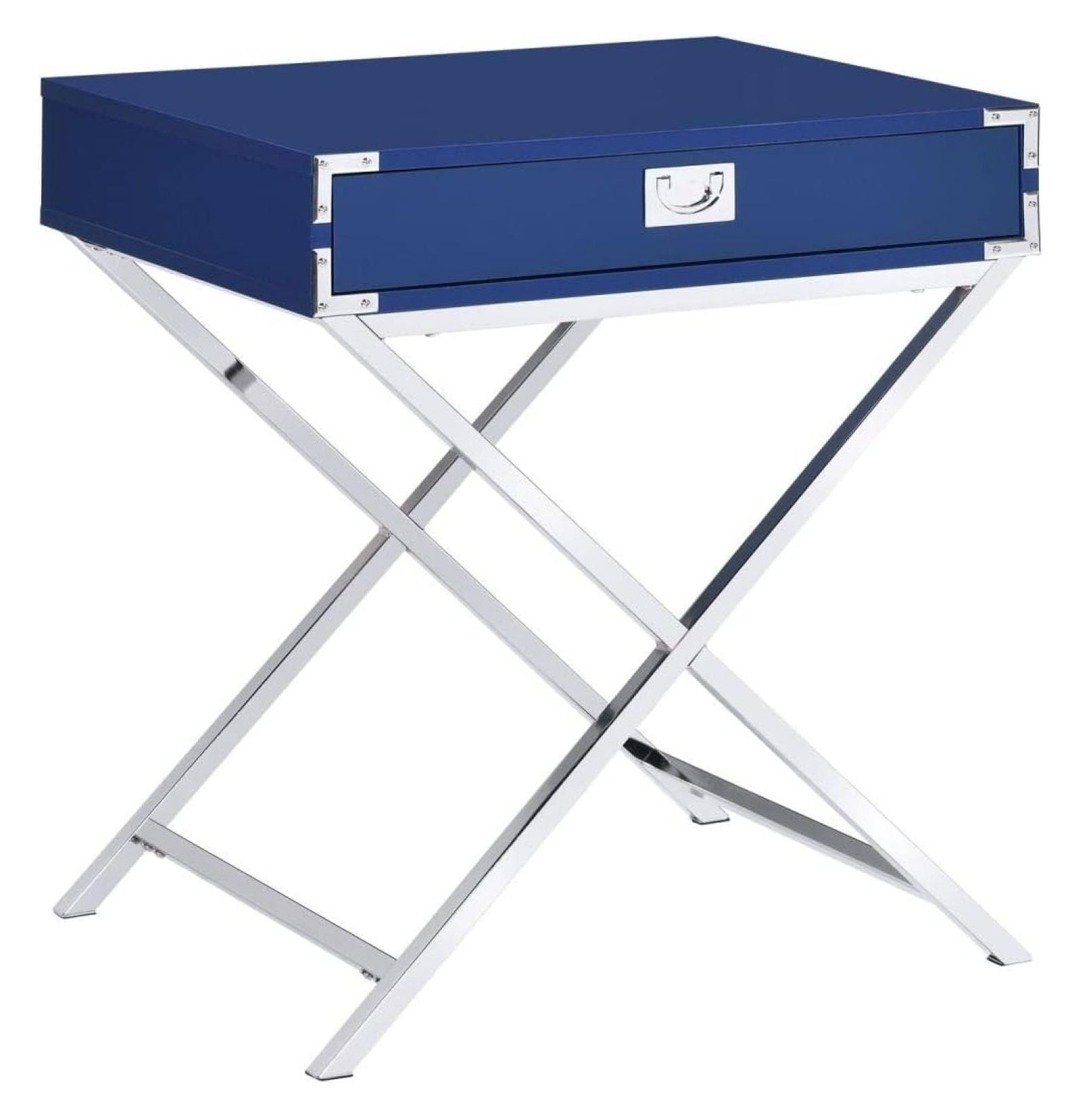 Glossy Blue 1-Drawer Nightstand with Silver Metal Legs