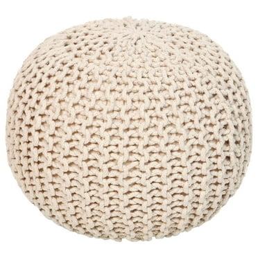 Zazesaby Round Pouf Ottoman - Cable Knitted Boho Poof - Home Décor Cord Pouffe Handmade Circular Footrest for Living Room - Bedroom - Kids Bedroom - 100% Cotton Pouf (18" x 18" x 14") - Ivory