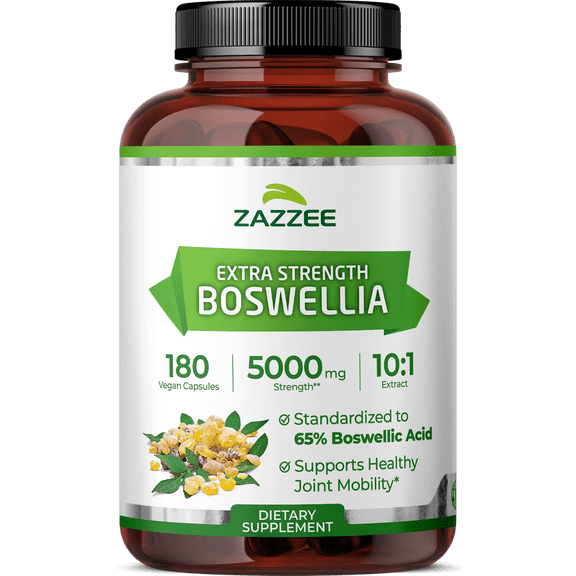 Zazzee Extra Strength Boswellia Serrata 10:1 Extract 5000 mg Strength 180 Vegan Capsules 65% Boswellic Acid Supports Joint Comfort & Mobility 6-Month Supply Vegan Non-GMO Made in USA