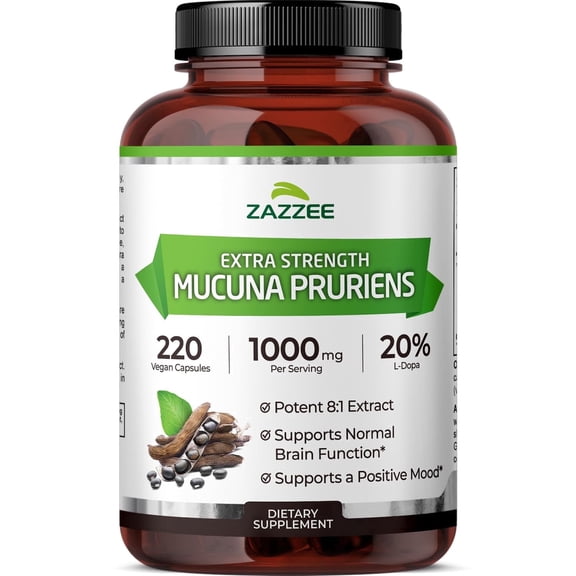 Zazzee Mucuna Pruriens Supplement, 1000 mg Strength, 20% L-Dopa, 8:1 Extract, 220 Vegan Capsules