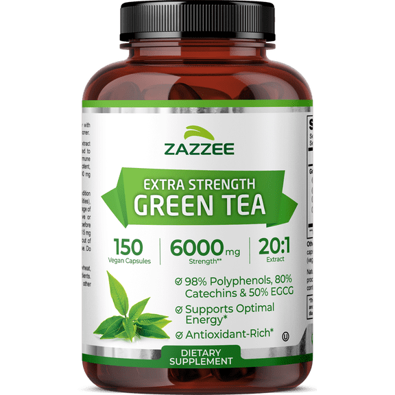 Zazzee Extra Strength Green Tea Extract 6000mg 150 Vegan Capsules 20:1 Potency 50% EGCG / 98% Polyphenols 5Month Supply Vegan Non-GMO Made in USA