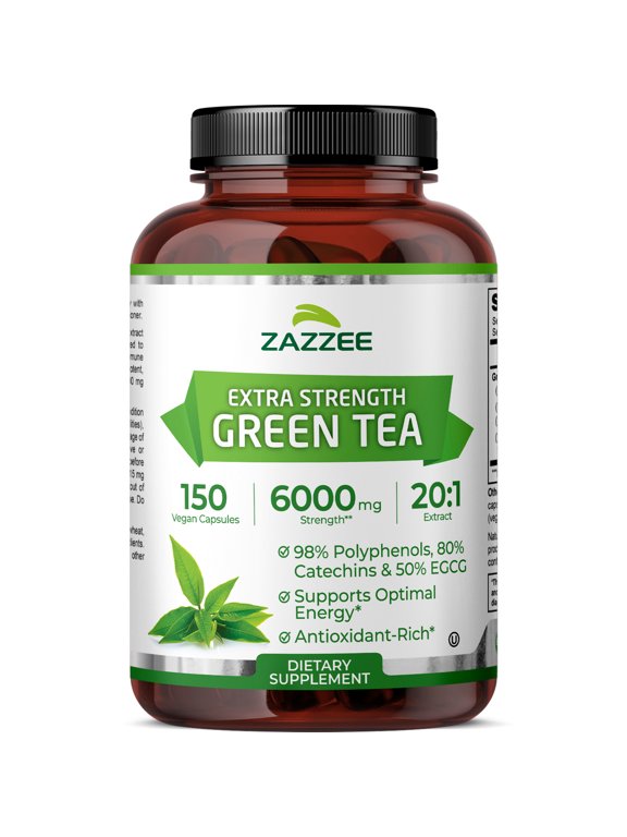 Zazzee Extra Strength Green Tea Extract 6000mg 150 Vegan Capsules 20:1 Potency 50% EGCG / 98% Polyphenols 5Month Supply Vegan Non-GMO Kosher Made in USA