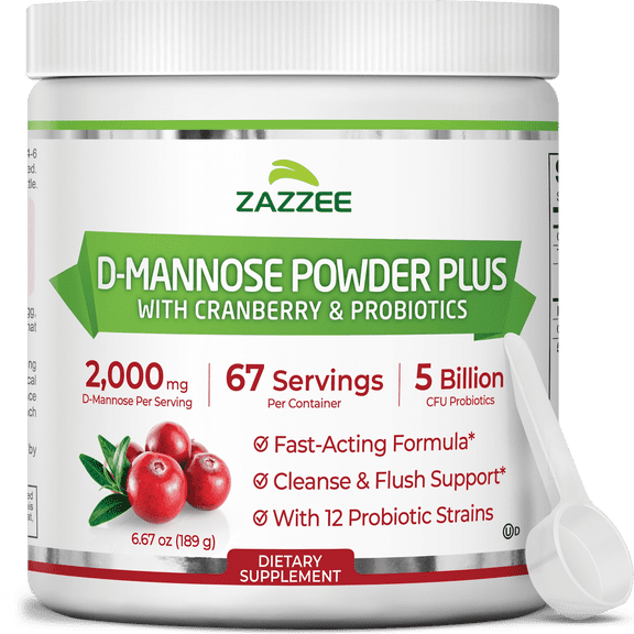 Zazzee D-Mannose Powder Plus 2000 mg – 67 Servings – Fast-Acting Formula with 5 Billion CFU Probiotics & Pure Cranberry Juice Extract – Kosher, Gluten-Free, Kosher, All-Natural – Free Scoop Included