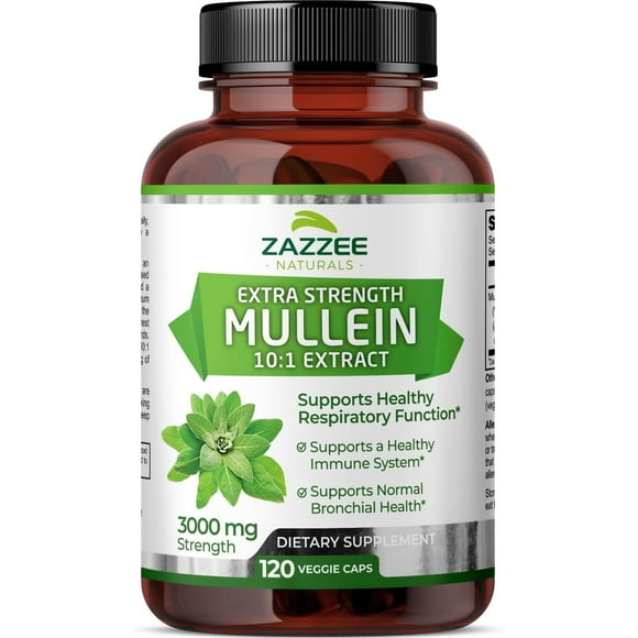 Zazzee Naturals Mullein 10:1 Extract, 3000 mg Strength, 120 Vegan Capsules, Lung Support Supplement, All-Natural and Non-GMO