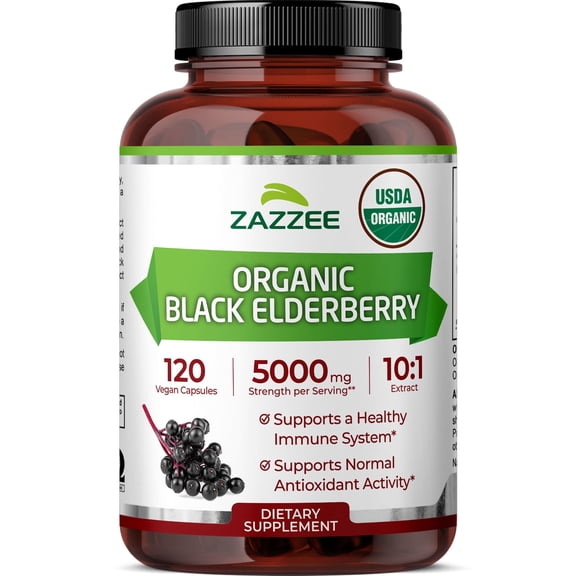 Zazzee USDA Organic Black Elderberry 5000 mg Strength  Supports Immune Health  10:1 Extract