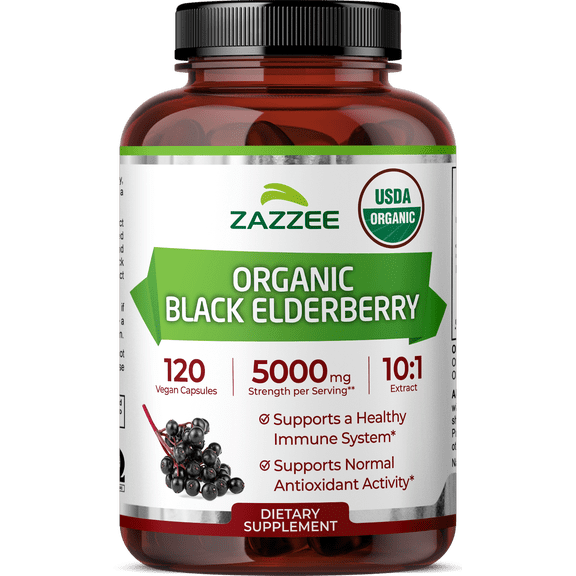 Zazzee USDA Organic Black Elderberry 5000 mg Strength – 120 Vegan Capsules – 10:1 Extract – Supports Immune & Antioxidant Wellness – Vegan • Non-GMO • Made in USA