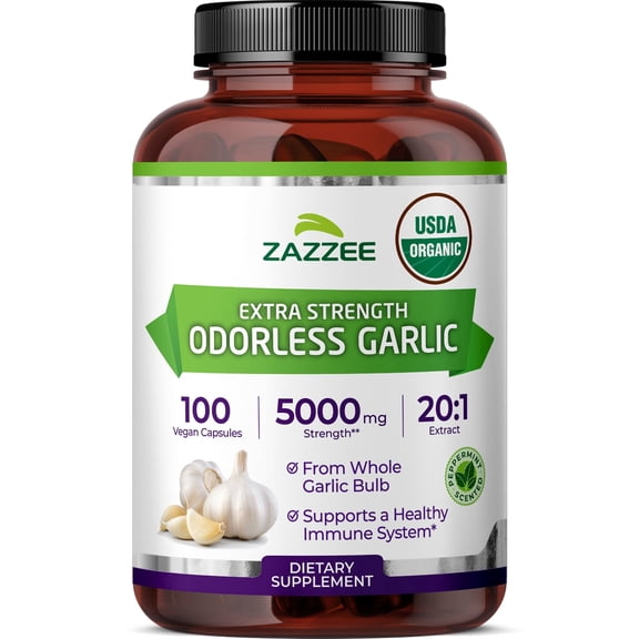 Zazzee USDA Organic Odorless Garlic 5000 mg Strength – Supports Heart & Immune Health