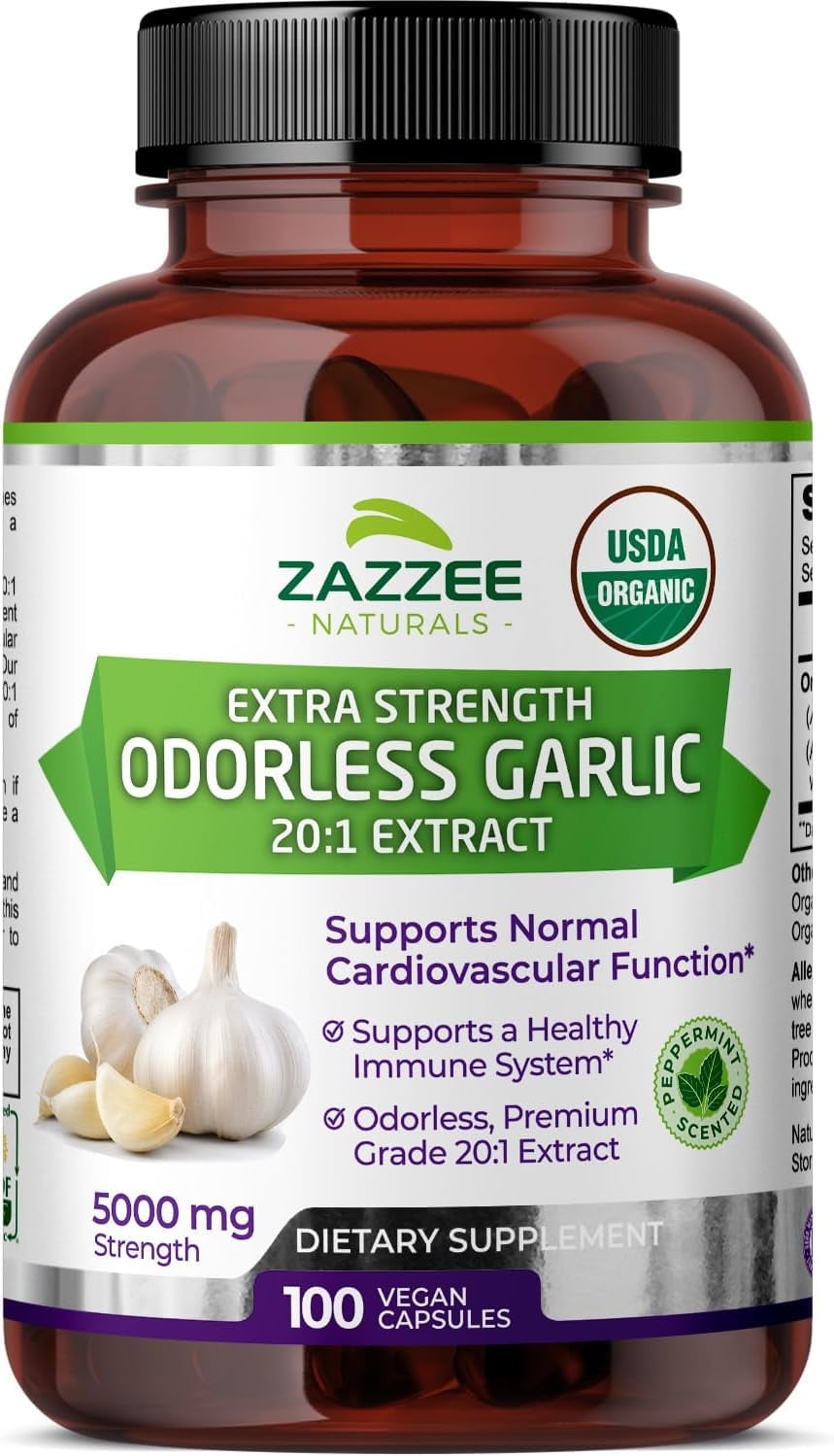 Zazzee Naturals Organic Odorless Garlic 20:1 Extract 5000mg Vegan Garlic Supplement, 100 Capsules