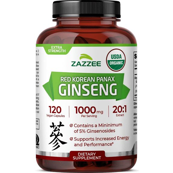 Zazzee USDA Organic Red Korean Panax Ginseng 1000 mg – 120 Vegan Capsules – 20:1 Extract – Supports Balanced Energy & Cognitive Vitality – Vegan • Non-GMO • Made in USA